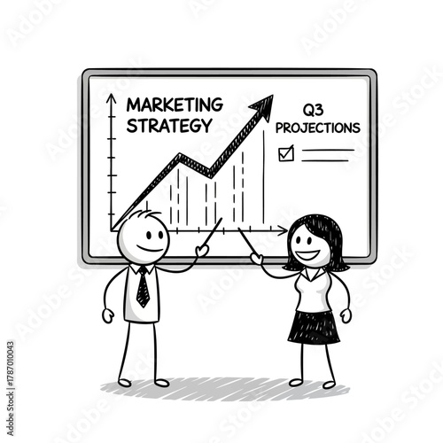 Business professionals present a marketing strategy with upward trending Q3 projections on a whiteboard, illustrating growth and planning.