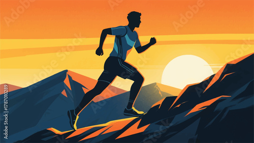 Man Running On Mountain Sunset Outdoor Illustrator Artwork Banner Background Design Template 