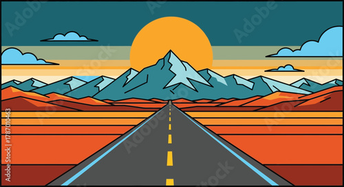 Road trip to mountains landscape sunset scenic view vector art