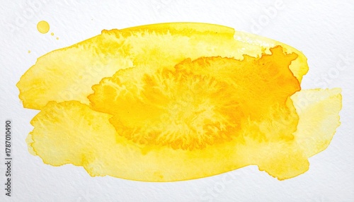 Abstract Yellow Watercolor Stain on White Paper with Textured Surface and Blotches of Color for Artistic Background Use