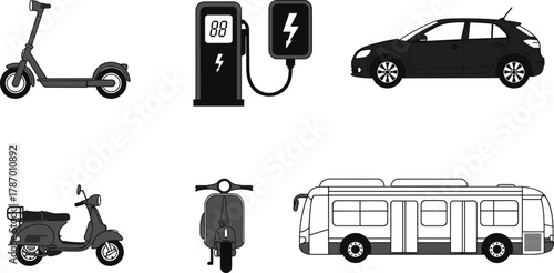 Electric scooter, car, and bus vector illustration with charging station, eco friendly transport, modern city mobility, clean energy concept, sustainable urban transportation