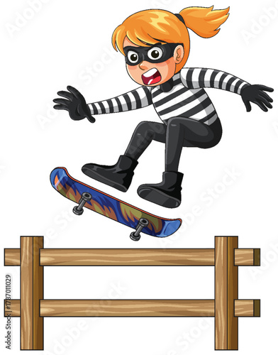 Masked Girl Skateboarding Over Wooden Fence in Cartoon Style