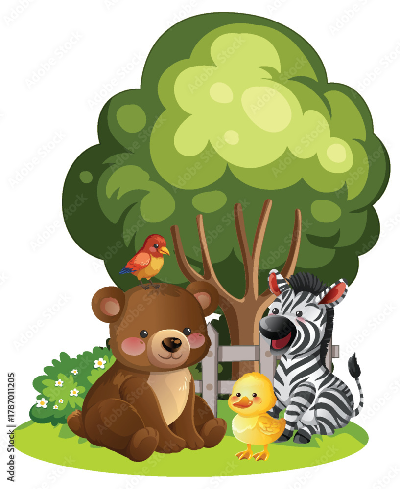 Naklejka premium Cute Bear, Zebra, Duckling, and Birds in Forest Scene
