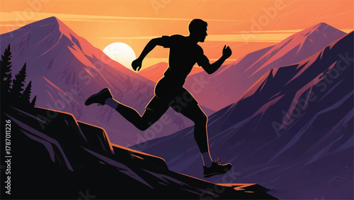 Man Running on Sunset Mountain Illustrator Artwork Banner Background Design Template 