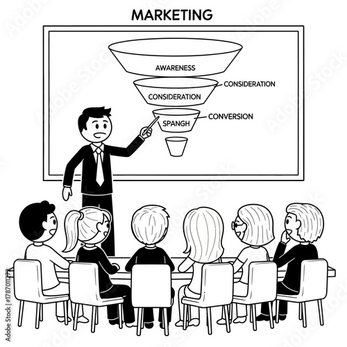 A male educator uses a whiteboard to illustrate the stages of a marketing sales funnel to an attentive group of students in a learning environment.