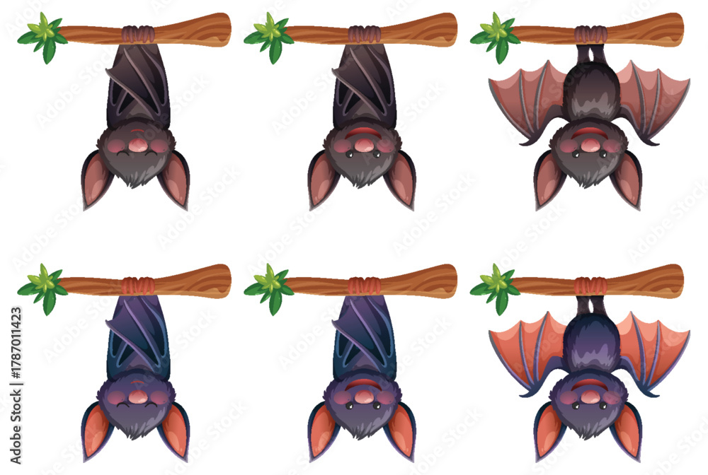 Fototapeta premium Cartoon Bats Hanging Upside Down on Tree Branches
