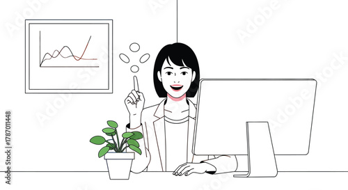 Woman working at computer having an idea business illustration