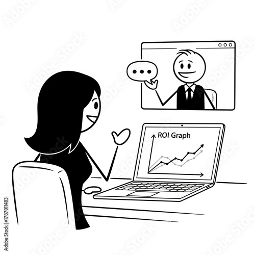 A cheerful stick figure woman participates in an important online business meeting, viewing an ROI graph on her laptop while conversing with a virtual colleague.