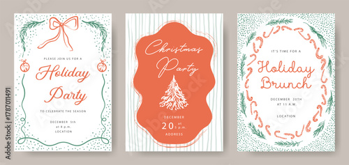Christmas party and holiday brunch templates of invitations. Vector layout. Design of flyers for festive events. Whimsical style illustrations.