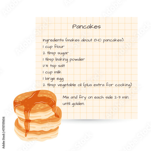 Pancake culinary recipe on sheet of paper. Vector template for food packaging, social media posts and food blog.