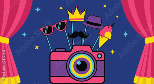 Photo booth props camera party background vector illustration