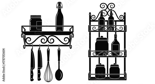 Decorative kitchen shelves with utensils and spice jars illustration
