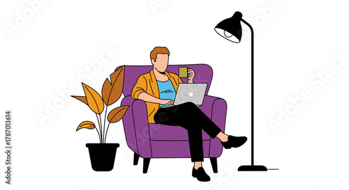 Remote worker working from home on laptop in armchair illustration