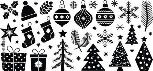 Christmas ornaments trees stockings gifts snowflakes pinecone