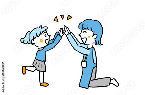 先生とハイタッチをする子ども／教育・療育現場に使える手描き風イラスト