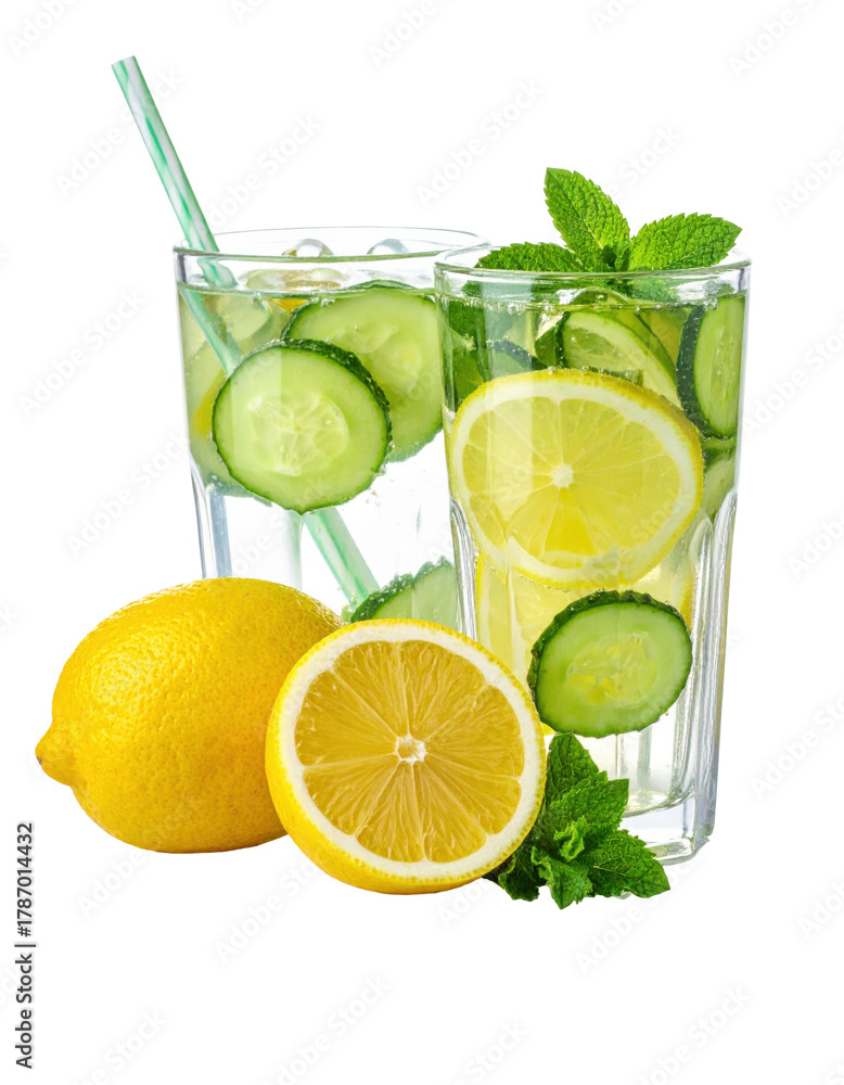 Fototapeta premium Spa-style lemon and cucumber infused water in a carafe, a pure and hydrating wellness beverage, isolated on a white background