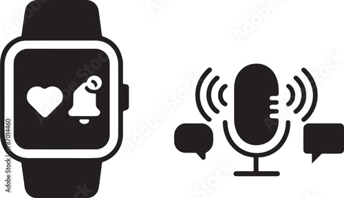 Smartwatch showing like and notification vector, modern social media alert and interaction icon set