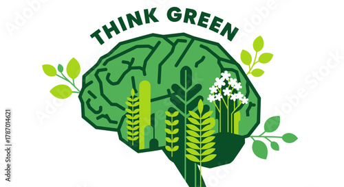 Think green concept illustration of brain with plants and flowers