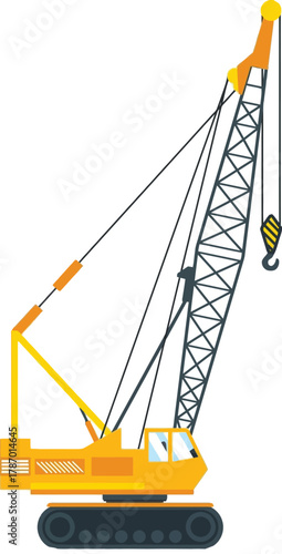 Tracked Lattice Boom Crane Vector, Heavy Duty Construction Lifting Equipment, Yellow Tower Crane Graphic