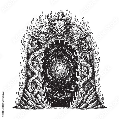 Gates of Hell Demon Throne Engraving Vector Illustration