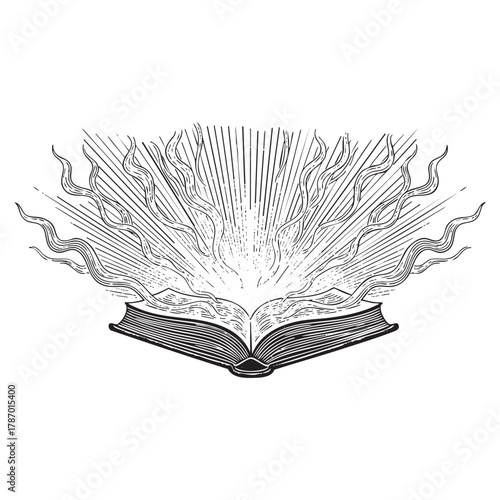 Open Book Holy Bible with Sunburst Engraving Vector Illustration