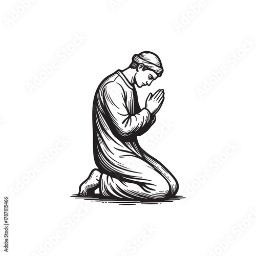 Man Kneeling Praying Devotion Engraving Vector Illustration