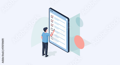 A person marking items on a checklist displayed on a digital tablet screen.