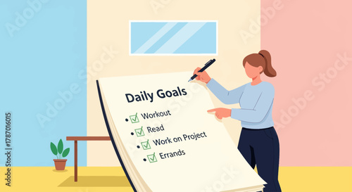 An illustrated woman proudly points to her completed daily goals checklist, including workout, reading, and errands.