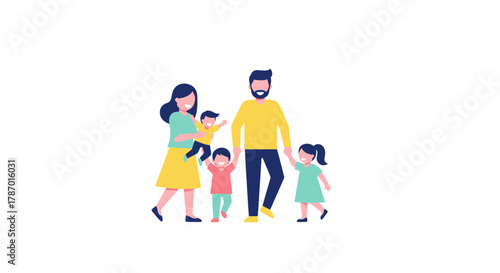 A stylized illustration depicts a happy, diverse family of five, including parents and three young children, walking together against a clean white background.