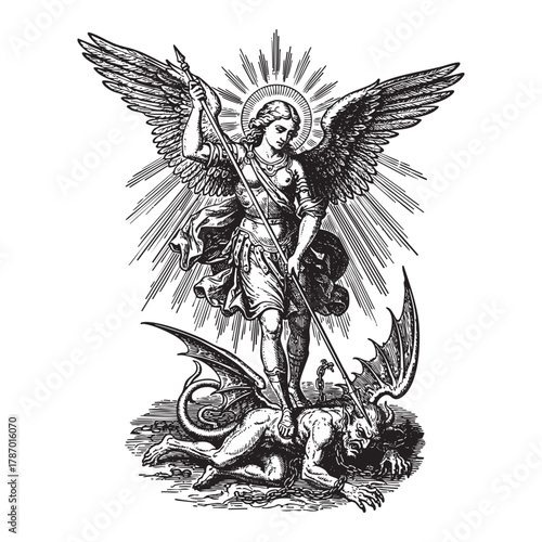 Archangel Michael Slaying Satan Devil Engraving Vector Illustration