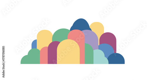 Abstract illustration of a colorful cluster of rounded shapes, resembling hills or stylized buildings, against a white background.