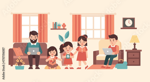 Modern family at home, parents and children engaged with digital devices in a cozy living room setting.