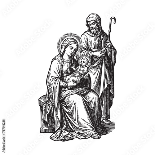 Holy Family Nativity Mary Jesus Joseph Engraving Vector Illustration
