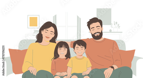 An illustration of a peaceful family of four, including parents and two children, sitting comfortably on a sofa with closed eyes and gentle smiles, depicting unity and relaxation.