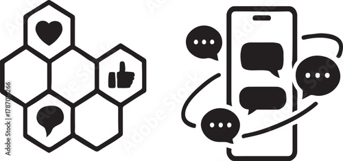 Heart, thumbs up, and comment icons in hexagon network vector, social media interaction symbol set