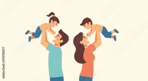 Two happy parents joyfully lifting their children up in the air, celebrating togetherness and love.