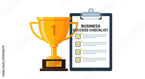 A golden trophy with the number one stands beside a clipboard displaying a business success checklist with checked boxes.