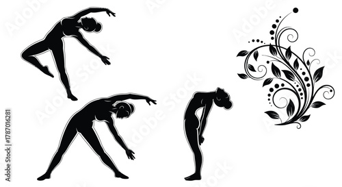 Woman stretching yoga poses vector illustration and floral art