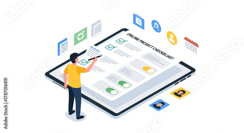 Person interacting with a digital checklist on a tablet, symbolizing online project management and task completion with various icons representing data and progress.