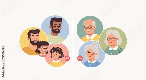 Illustration depicting a video call with various family members, smiling and connecting.
