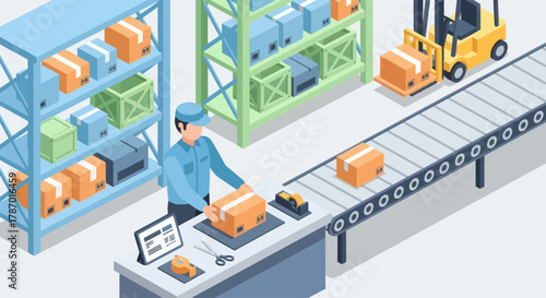 An illustration depicting a worker packaging boxes at a conveyor belt in a warehouse with shelves, a forklift, and a digital tablet nearby.