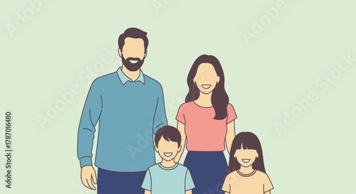 A happy family of four, a mother, father, son, and daughter, standing together in a loving portrait illustration.