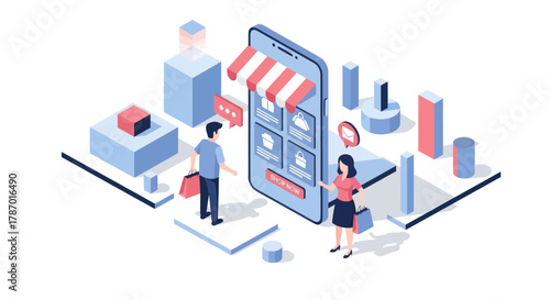 Isometric illustration of people with shopping bags using a large smartphone app for online shopping and e-commerce.