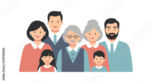 A diverse family portrait featuring three generations, smiling and posing together in a group.