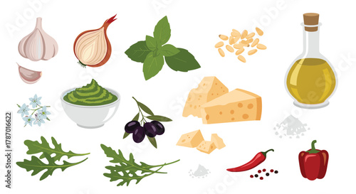 A diverse assortment of fresh ingredients including basil, pine nuts, cheese, garlic, olive oil, and spices, ideal for preparing various culinary dishes.