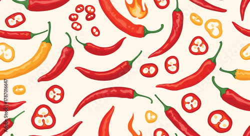Dynamic seamless pattern showcasing various red and yellow chili peppers, whole and sliced, with a hint of flame, on a soft background.