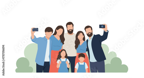 A family of seven members taking a selfie together, smiling and posing happily.