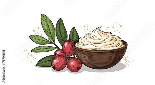 Vibrant illustration featuring a rustic wooden bowl of creamy shea butter, complemented by a sprig of shea nuts and vibrant green leaves on white.