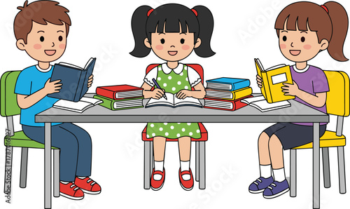 Children studying at table, reading and writing, group learning, classroom activity, educational teamwork, cartoon vector illustration, school scene
