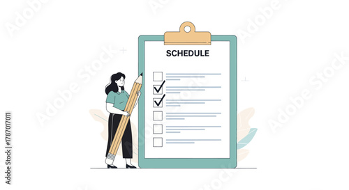 A woman with a giant pencil checks off completed tasks on a large schedule clipboard.